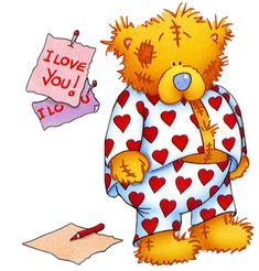 a teddy bear dressed in pajamas and writing on a piece of paper that says i love you