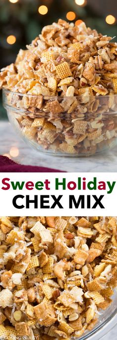 a bowl filled with chex mix and the words sweet holiday cheer mix in front of it