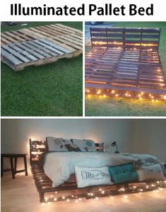 several different types of wooden pallets with lights on them and in the middle one is a bed made out of wood