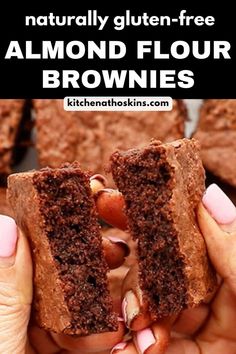 a person holding a piece of brownie in their hand with the text, naturally gluten - free almond flour brownies