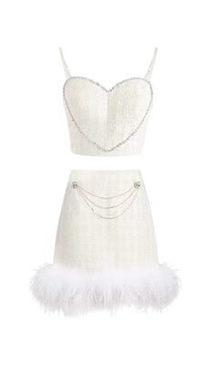 CHANEL'S STYLE WITH FEATHER SHORT SKIRT SUIT IN WHITE Dress Reference, Down Suit, Satin Corset Dress, Chanel Skirt, Mode Chanel, Feather Tops, Banquet Dresses, Chanel Fashion, Romantic Dates