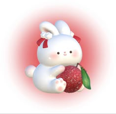 a cute little white bunny holding a red apple