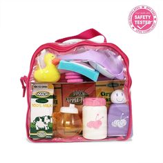 a pink bag filled with lots of different items