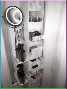 the bathroom is clean and ready to be used as a storage area for makeup products