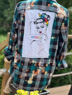 Up cycled bleached flannel. Good fall outerwear. Flannel Girl, Clothing Refashion, Bleached Flannel Shirt, Bleached Flannel, Fall Outerwear, Upcycle Ideas, Upcycle Clothes Diy