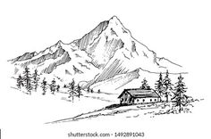 a mountain with a house in the foreground and pine trees on the other side