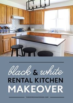 black and white rental kitchen makeover with text overlay that reads, black and white rental kitchen makeover