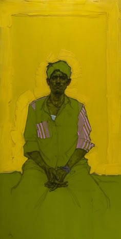 a painting of a man sitting in front of a yellow and green wall with his hands on his knees