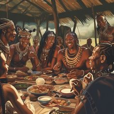 a group of people sitting around a table eating food