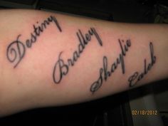 a person with a tattoo on their arm that says, destroy bradley and shansdale