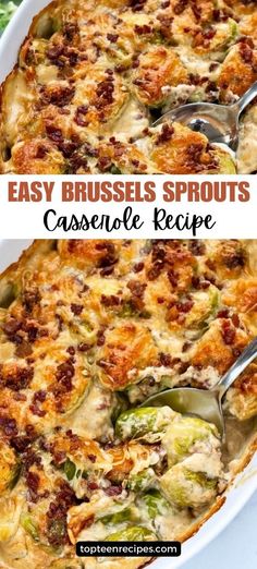 an easy brussel sprouts casserole recipe in a white dish