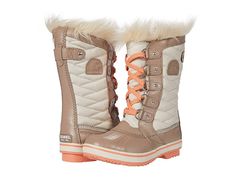 SOREL Kids Tofino II (Little Kid/Big Kid) - Girls Shoes : Fawn/Omega Taupe : The cold-weather play never ends in the SOREL Kids Tofino II boot. Durable, quilted textile upper with waterproof suede leather overlays. Lace-up closure with D-ring eyelets. Hardy, protective rubber shell. Faux fur snow cuff for a touch of added style and warmth. 100 grams of insulation helps lock in warmth. Comfortable textile lining. Textile-covered footbed. Waterproof vulcanized rubber shell. Rubber outsole provides Quilted Winter Boots With Round Toe, Insulated Boots For Snow In Fall, Insulated Snow Boots For Fall, Winter Boots Women Waterproof, Shoe Shopping, Golf Skort, Girls Shoes Kids, Winter Boots Women, Boots Women