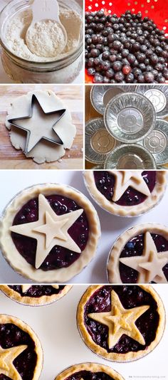 pies with stars on them and some other food items in the bottom left hand corner