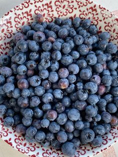 blueberries in a red and white bowl on a table