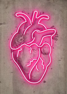 a neon heart on the wall in front of a black and white framed photograph with pink lighting