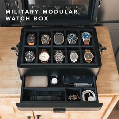 Black Edition Military Modular Watch Box - 10 Slot – Case Elegance Collection Boxes Ideas, Box For Watches, Watch Case For Men, Watch Collection Mens, Men Accessories Man Stuff, Men Gifts Ideas, Man Gift Ideas, Matte Black Accessories, Men Room