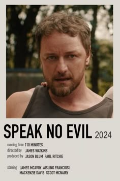 a poster with the words speak no evil in black and white, featuring a man's face