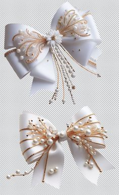 two white bows with pearls on them are shown in three different positions, one is gold and the other is white