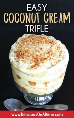 an easy coconut cream trifle recipe in a glass dish