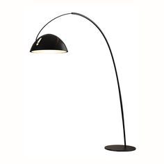 a black floor lamp with a white light on the top and an arm that is curved