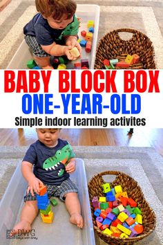 a baby sitting on the floor playing with blocks and toys in a toy box that says, baby block box one year - old simple indoor learning activities