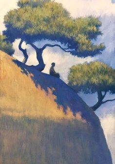 a painting of two people sitting on top of a hill with trees in the background