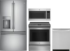 a silver refrigerator freezer sitting next to a stove top oven and dishwasher