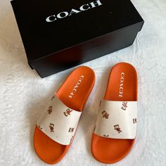 Coach Womens Udele Sport Pool Slides Sandals,Nwt New With Tags Size:10b Color: Chalk/ Brown Coach Brings Sporty Dimension To A Classic Slip-On Profile With Embossed Logo Details On The Effortless Udele Sport Slide Sandals. * Manmade * Manmade Sole * Wipe Clean * Imported Coach Casual Slip-on Sandals, Casual Leather Coach Slides, Orange Synthetic Flat Heel Sandals, Coach Casual Slides With Round Toe, Casual Coach Slip-on Sandals, Casual Coach Slides With Round Toe, Casual Coach Slides For Summer, Orange Cushioned Slip-on Sandals, Casual Coach Open Toe Slides