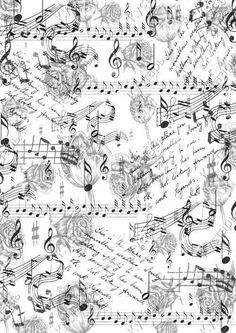 music notes and musical staffs on white fabric with black and grey ink drawing style