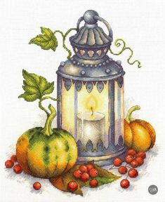 a painting of a candle and some fruit