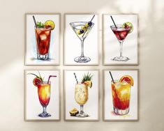 four paintings of drinks are hanging on the wall