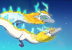 two yellow and white dragon like creatures in the sky with stars around them, one is facing each other