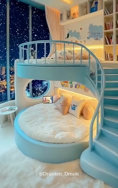 a room with a spiral staircase and bed in it