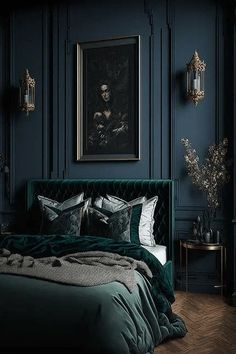 a bedroom with dark blue walls and green velvet bedding in the corner, along with a painting on the wall