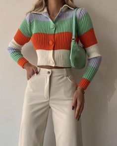 Mini Cardigan, Outfits 70s, Comfy Casual Outfits, 70s Outfits, Fashion 2017, Color Stripes, 70s Fashion, Elegant Outfit