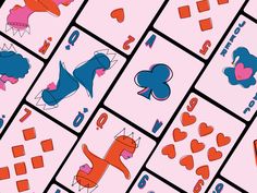 an image of playing cards with animals and hearts