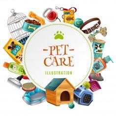 the pet care illustration is surrounded by various toys and things that are on display in it