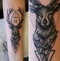 two different tattoos on one arm and the other with an animal's head in it