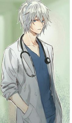 an anime character with grey hair and a stethoscope