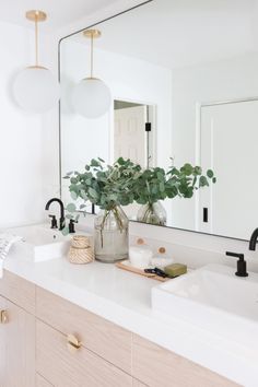 a bathroom with a large mirror, sink and plants in the vase on the counter