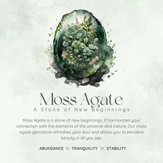 an advertisement for moss agate, a stone of new beginnings brand that has been launched in the u s