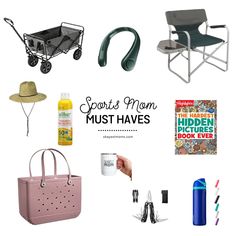 some items that are on top of a white background with the words sports mom must haves