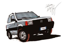 an ink drawing of a car parked on the side of the road in front of a white background