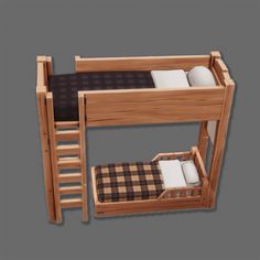 a wooden bunk bed with two sets of mattresses