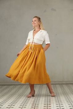 "Party, business, school, where will you want to wear this skirt? Clean,crisp and polished: YELLOW Skirt is a timeless wardrobe staple. This is a plus size version of our Daisy skirt. Be a goddess in our curvy line. For far too long, plus-size dresses have been synonymous with baggy, shapeless, and style-less outfits. But goddess like plus-size dresses do exist. Usually, as the size increases, fashion industry often just use more fabrics. Unfortunately, it is difficult to balance the amount of f Yellow Retro Skirt With Relaxed Fit, Vintage Linen Skirt For Summer, Retro Yellow Flared Skirt, Yellow Relaxed Full Maxi Skirt, Retro Gathered Summer Skirt, Yellow Full Skirt For Summer, Vintage Linen Skirt For Spring, Chic Full Yellow Skirt, Chic Yellow Full Skirt