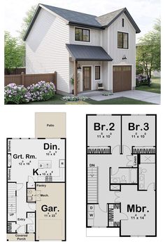 two story house plans with garage and living room in the front, one bedroom on the second