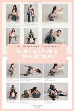 a poster with photos of people in various poses and the words laboring & pushing positions posters