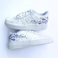 Exactly as shown in the pictures. Made in USA. Authentic Air Force 1 Sneakers. Lace Locks Included. Silicon prints are applied using Heat Transfer applied. Waterproof and flexible, when iron-on, proved sturdy after washing test and brushing test. Applied Special Acrylic Paint for Shoes and Finisher for more Durability. Blue Sakura, Purple Blossom, Custom Shoes Diy, Basket Style, Nike Fashion Shoes, Preppy Shoes, Pretty Shoes Sneakers, All Nike Shoes, Custom Air Force 1