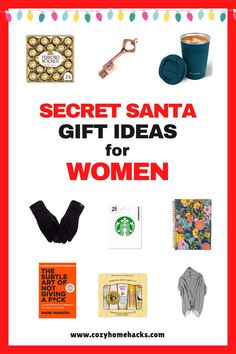 a poster with the words secret santa gift ideas for women