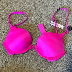 New Color: Hot Pink Victoria Secret Bombshell Bra, Victoria Secret Bombshell, Victoria's Secret Pink Bra For Spring, Pink Victoria Secret Bra Push Up, Hot Pink Bra, Victoria's Secret Pink Bra With Built-in Bra, Victoria's Secret Pink V-neck Sleepwear, Bra Sizes, Victoria's Secret Pink